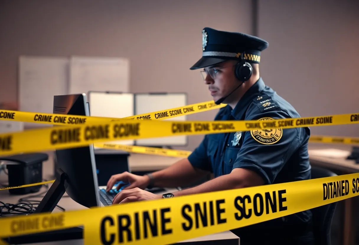 Police officer investigating child pornography case on computer