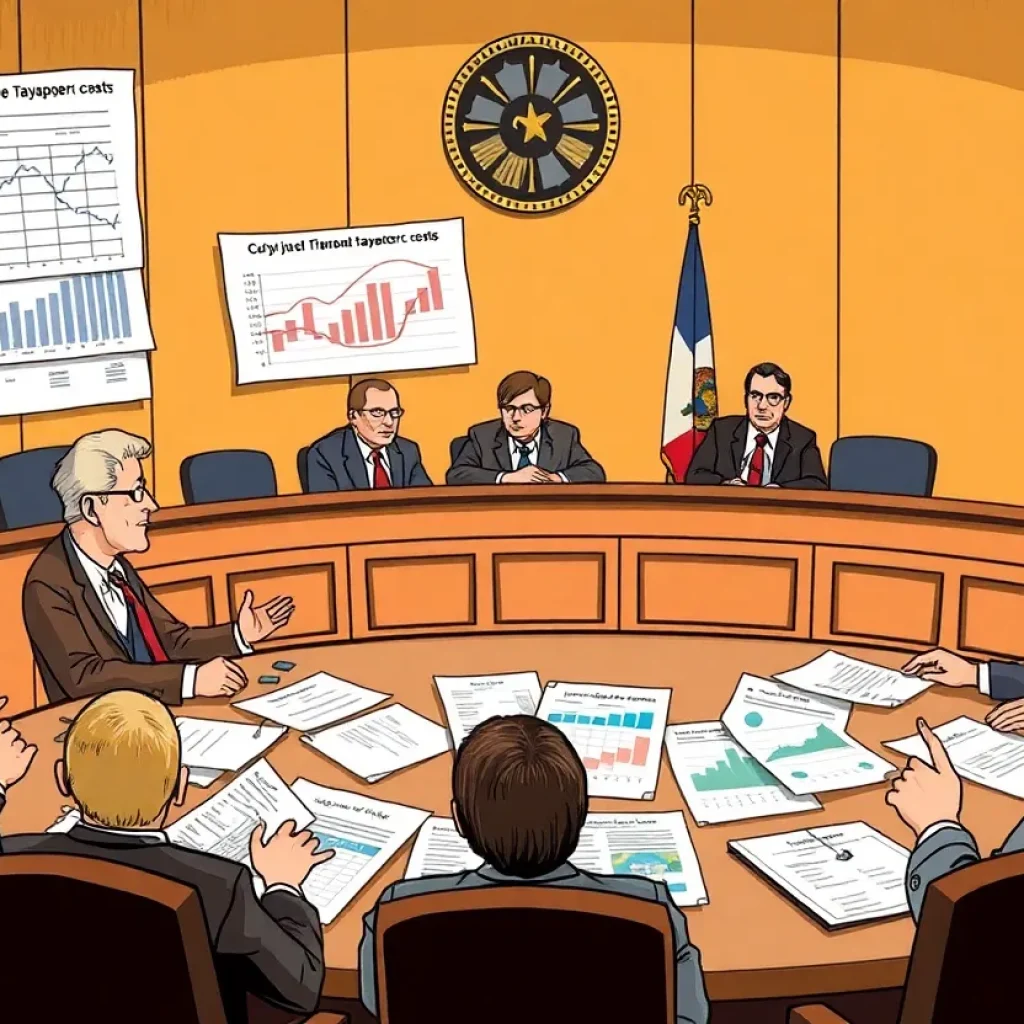 An illustration of a city council meeting reflecting tensions and financial costs