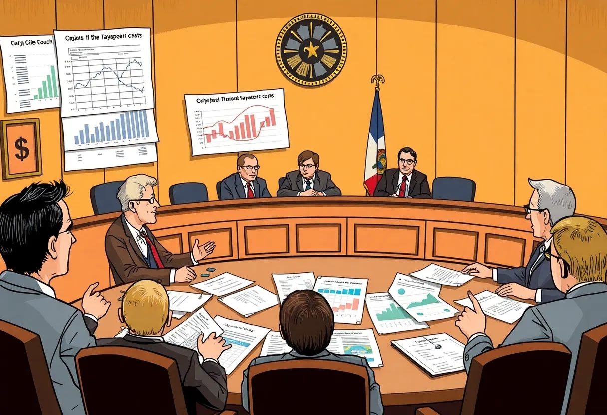 An illustration of a city council meeting reflecting tensions and financial costs