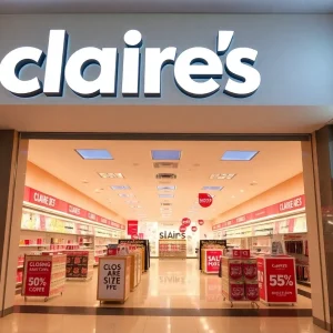 Inside view of a Claire's store during closing sales with clearance signs.