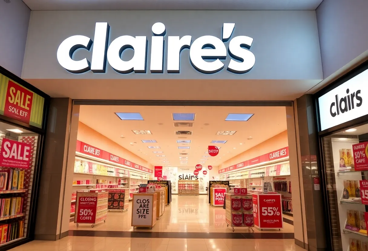 Inside view of a Claire's store during closing sales with clearance signs.