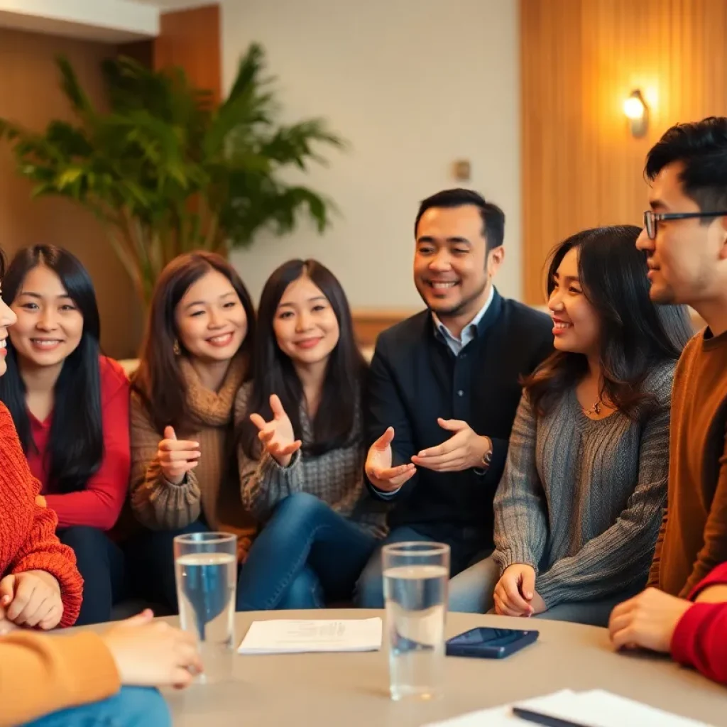 A diverse group of Asian American individuals discussing mental health in a supportive environment.