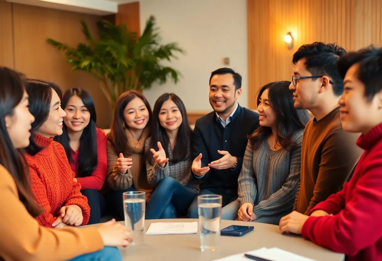 A diverse group of Asian American individuals discussing mental health in a supportive environment.