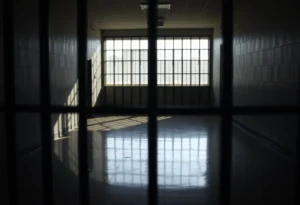 Interior view of a correctional facility with bars