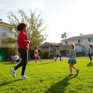 Children playing in a park in Costa Mesa, symbolizing community safety.
