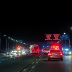 Emergency services responding to a traffic accident on Costa Mesa Freeway