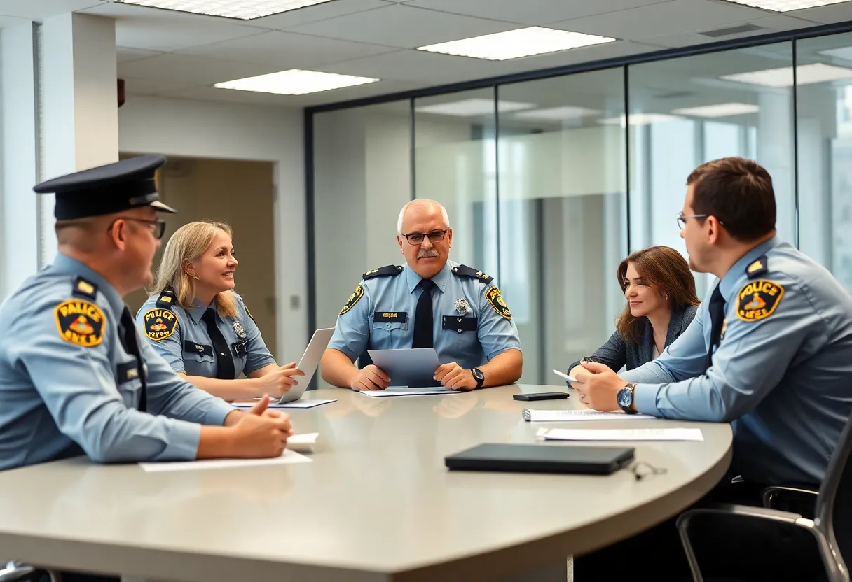 Police department leadership meeting highlighting teamwork.