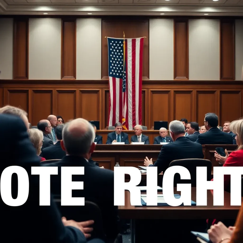 Courtroom scene discussing voter data legal case