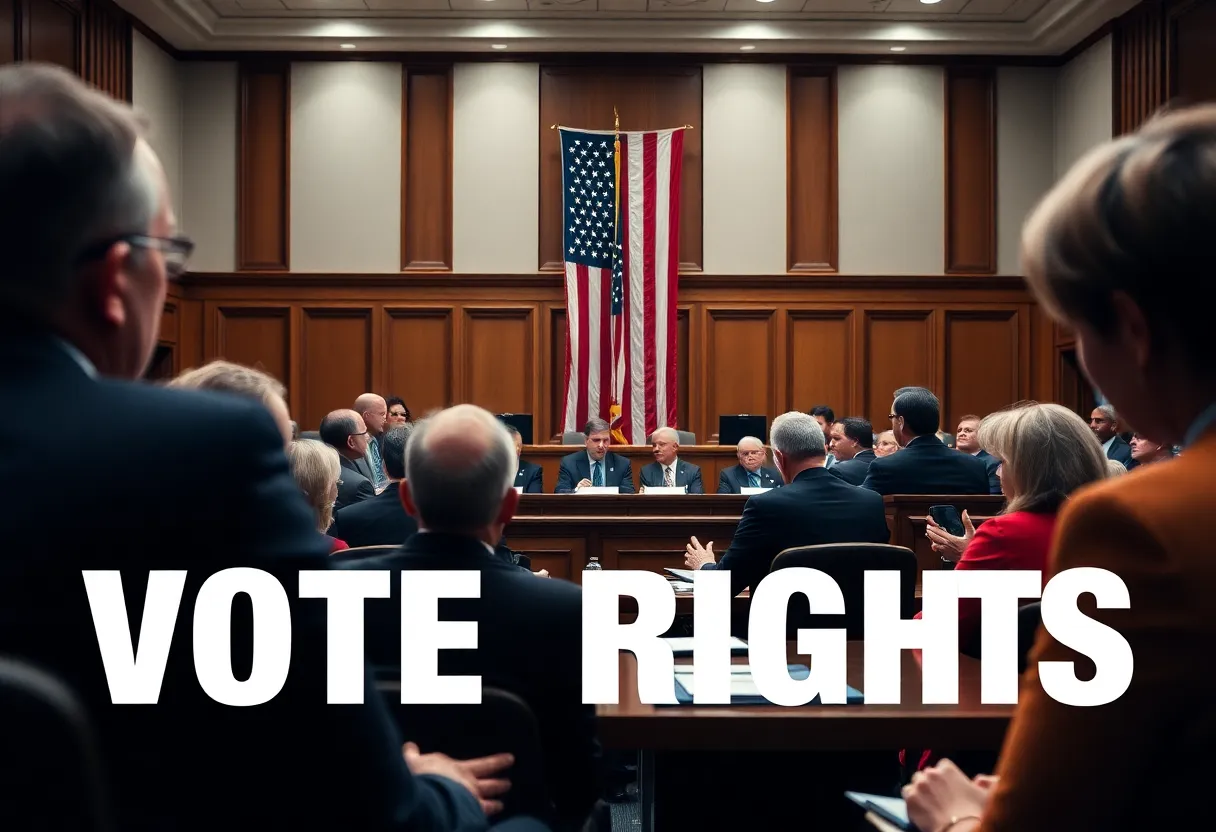 Courtroom scene discussing voter data legal case