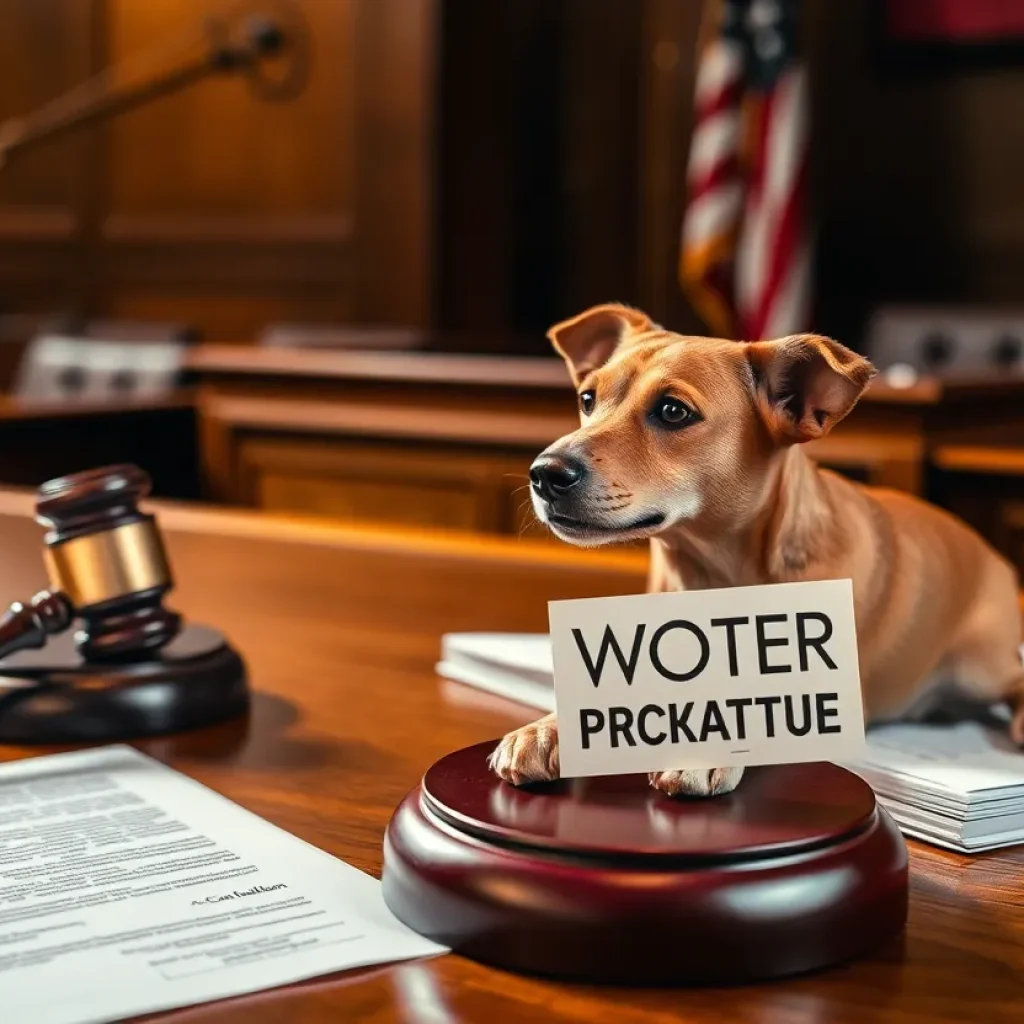 Courtroom scene depicting legal documents and symbol of a dog relating to voter fraud
