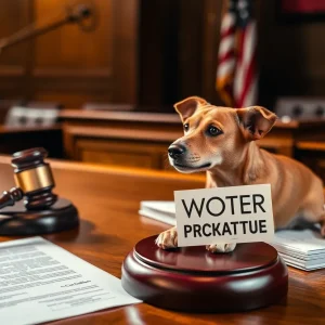 Courtroom scene depicting legal documents and symbol of a dog relating to voter fraud