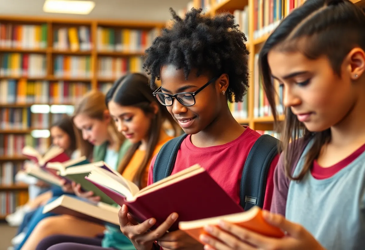 Diverse teenagers reading books in a library setting, symbolizing free access to literature.