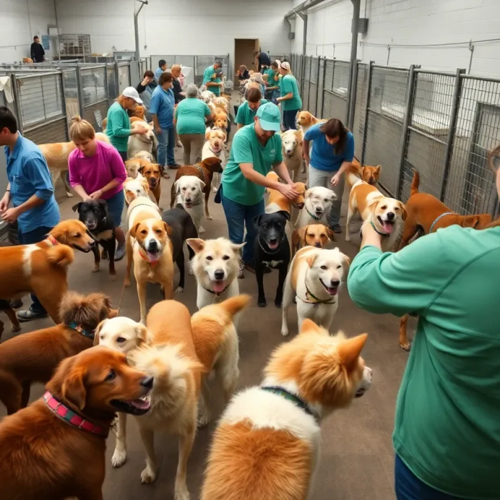 Volunteers at an animal care facility managing dogs safely