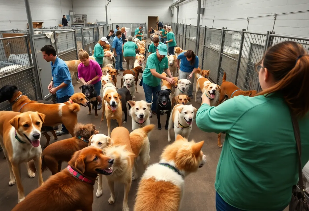 Volunteers at an animal care facility managing dogs safely