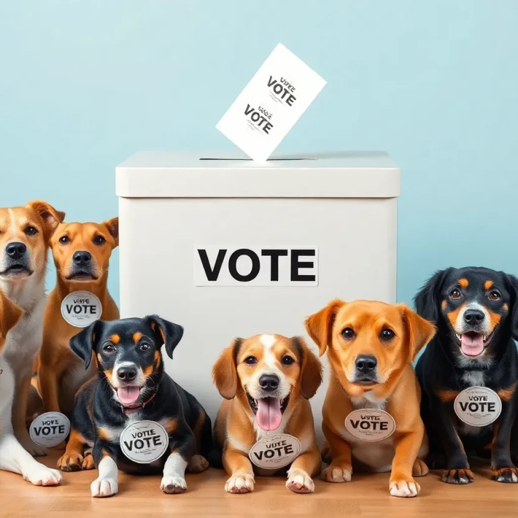 Illustration of dogs with voting stickers near a ballot box