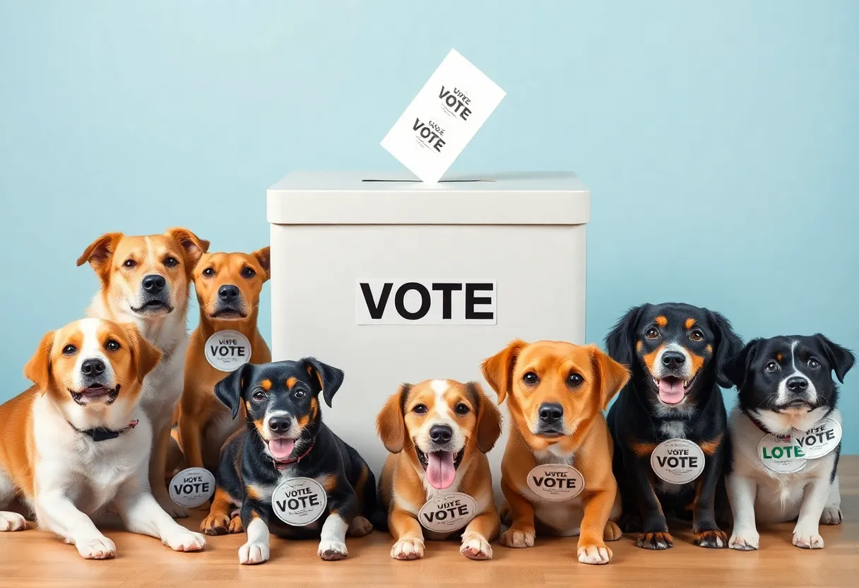 Illustration of dogs with voting stickers near a ballot box