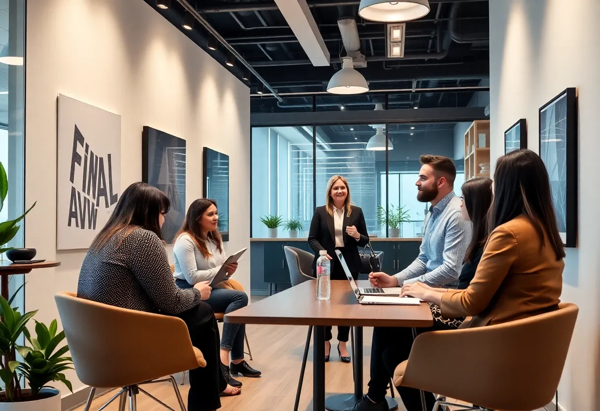 Modern financial advisory office with professional team
