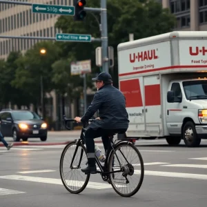 An urban intersection affected by a tragic DUI incident, showing a bicycle and a U-Haul truck.