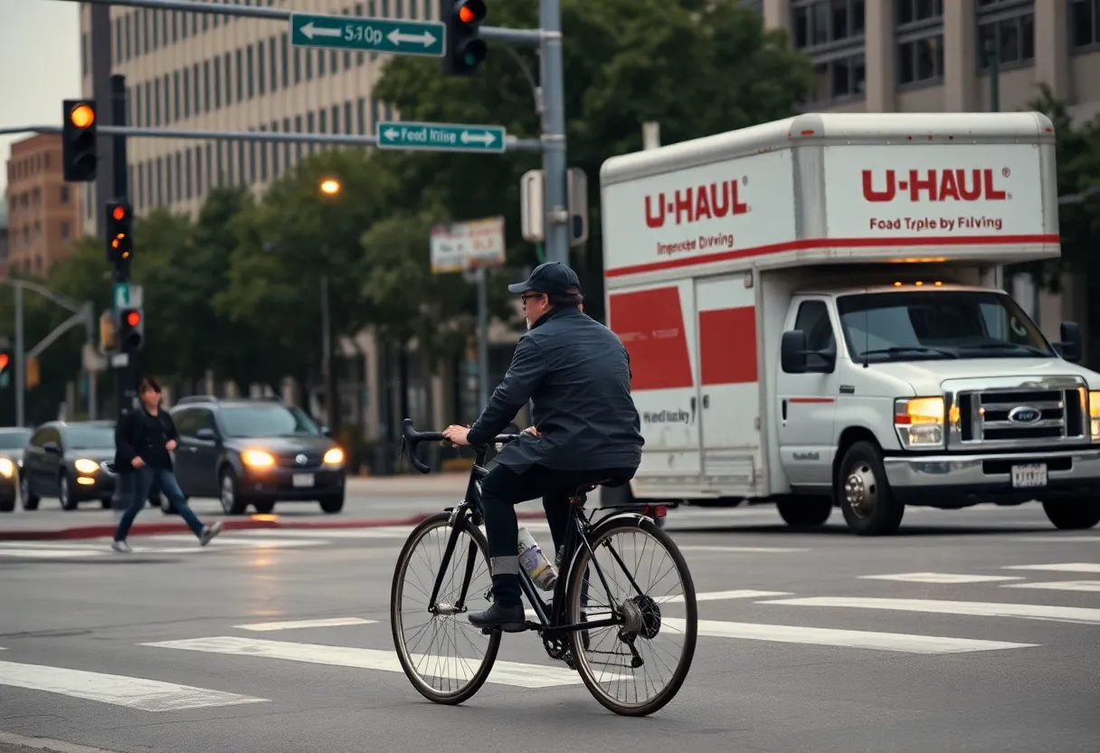 An urban intersection affected by a tragic DUI incident, showing a bicycle and a U-Haul truck.