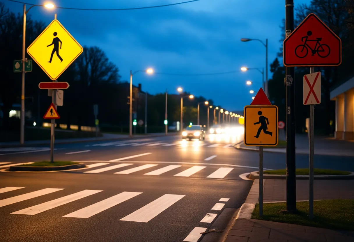 Crosswalk at night with pedestrian warning signs