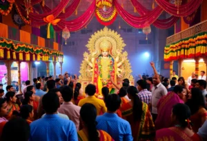 Celebration of Durga Puja festival with colorful decorations and attendees