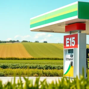 Gas station offering E15 fuel with agricultural backdrop
