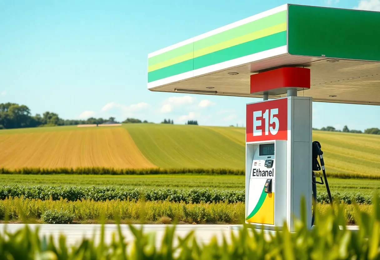 Gas station offering E15 fuel with agricultural backdrop