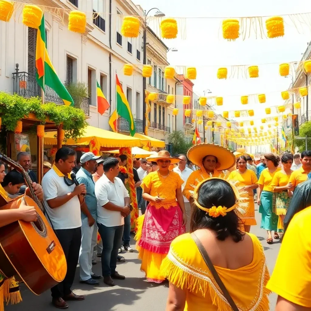 Crowd celebrating El Grito de Dolores with live music and food stalls.