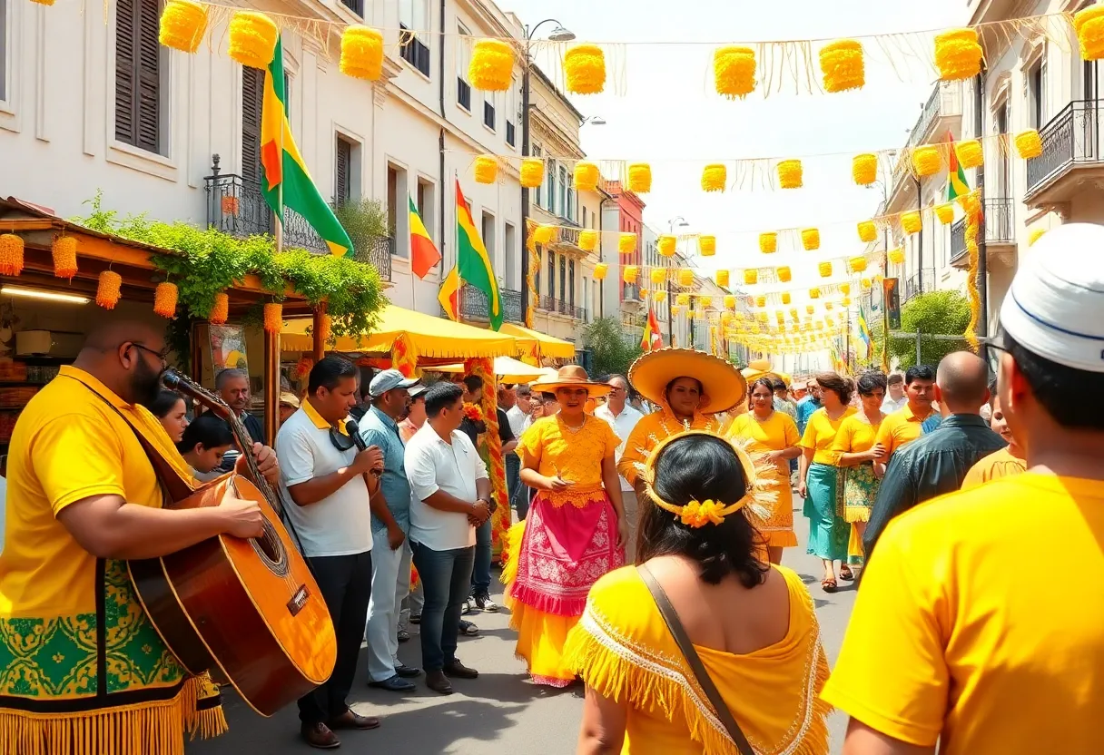 Crowd celebrating El Grito de Dolores with live music and food stalls.