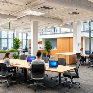 Modern flexible office space with collaborative work areas.