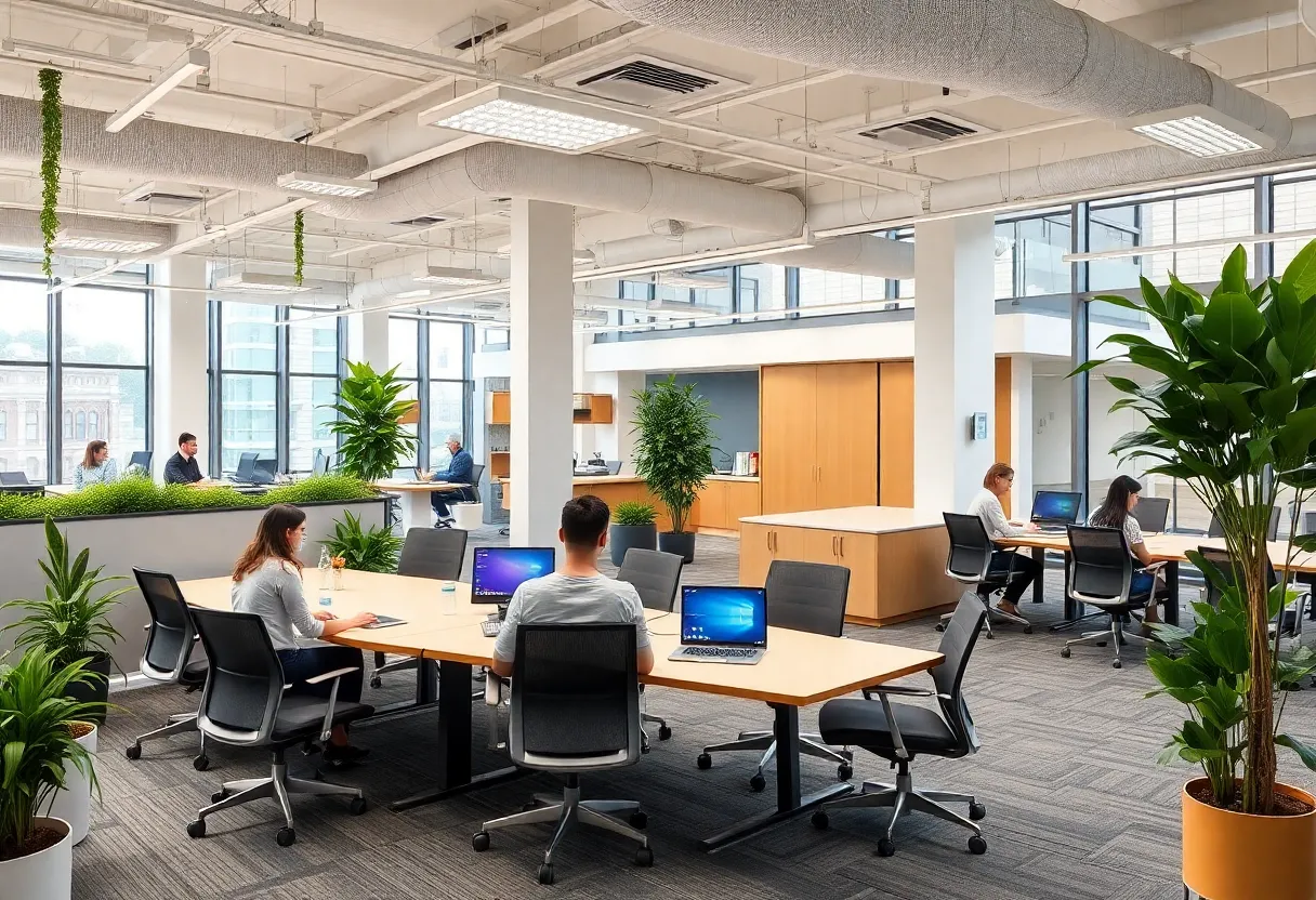Modern flexible office space with collaborative work areas.