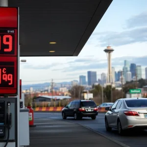 Here Product Spotlight Gas station in Washington displaying high fuel prices with Seattle skyline nearby.