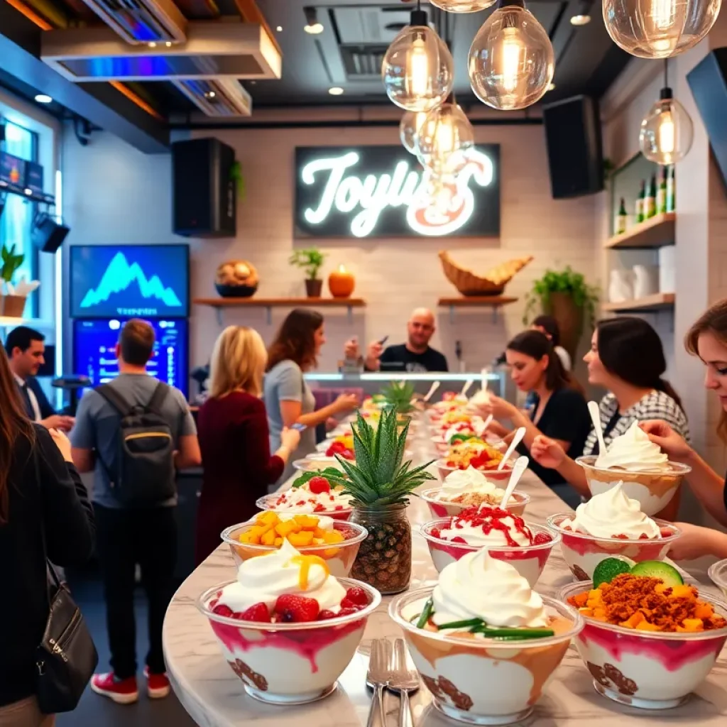 Interior of Go Greek Yogurt store in Newport Beach with customers enjoying yogurt.