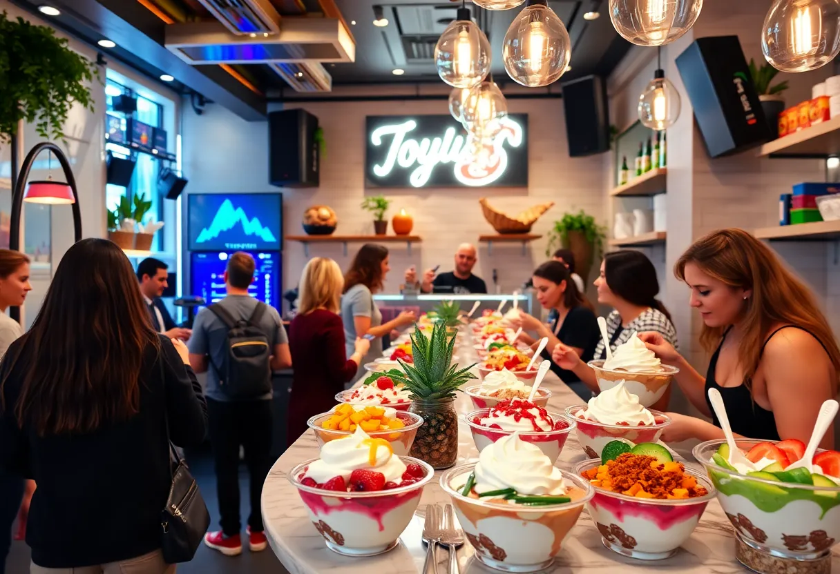 Interior of Go Greek Yogurt store in Newport Beach with customers enjoying yogurt.