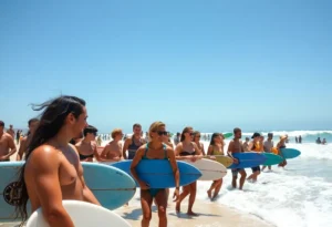 Surfing festival celebrating Black surfers with participants enjoying the ocean.