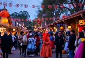 A lively Halloween celebration in Orange County with people in costumes.