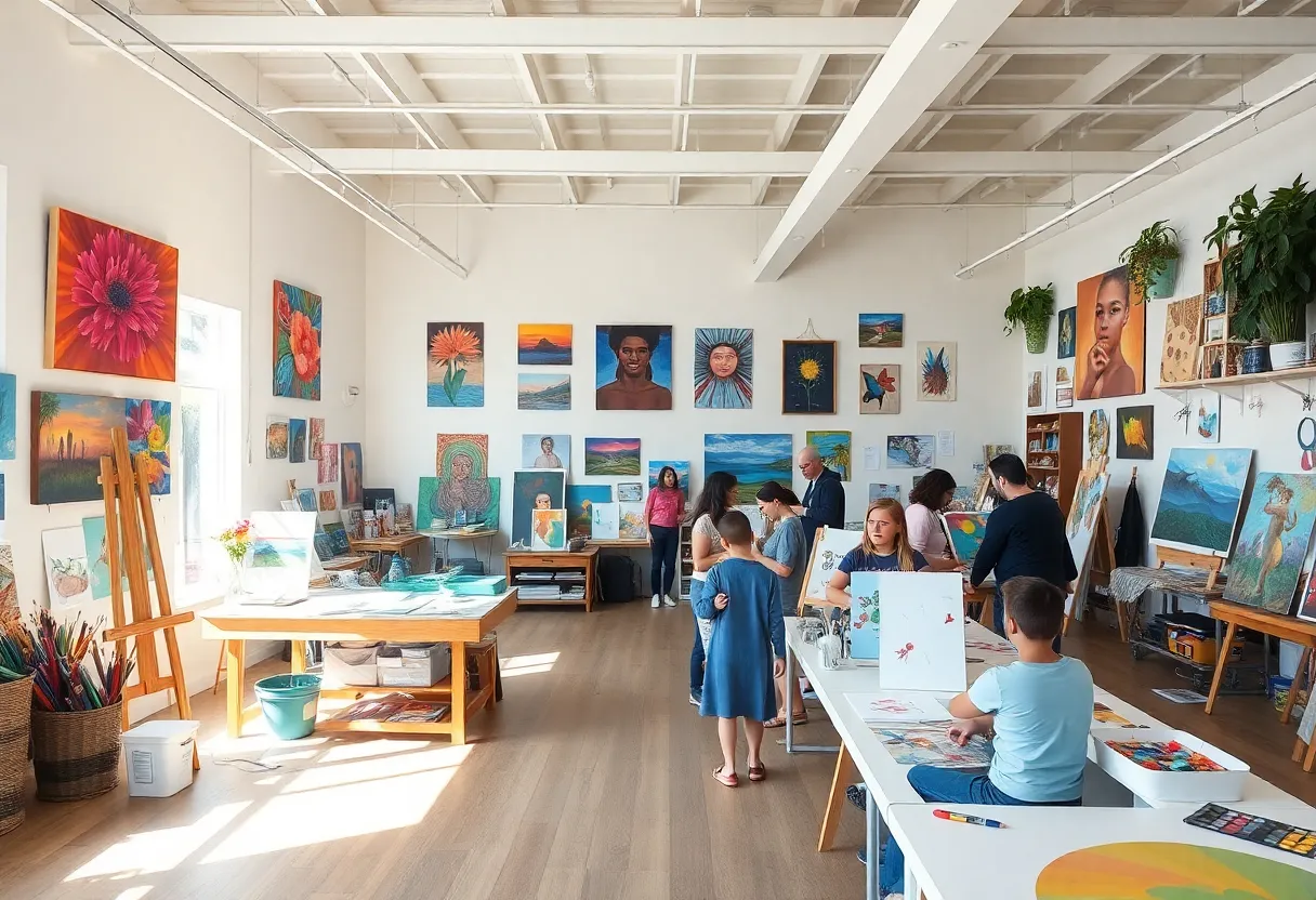 Art studio at the Hamborg Academy of Art with students creating artwork