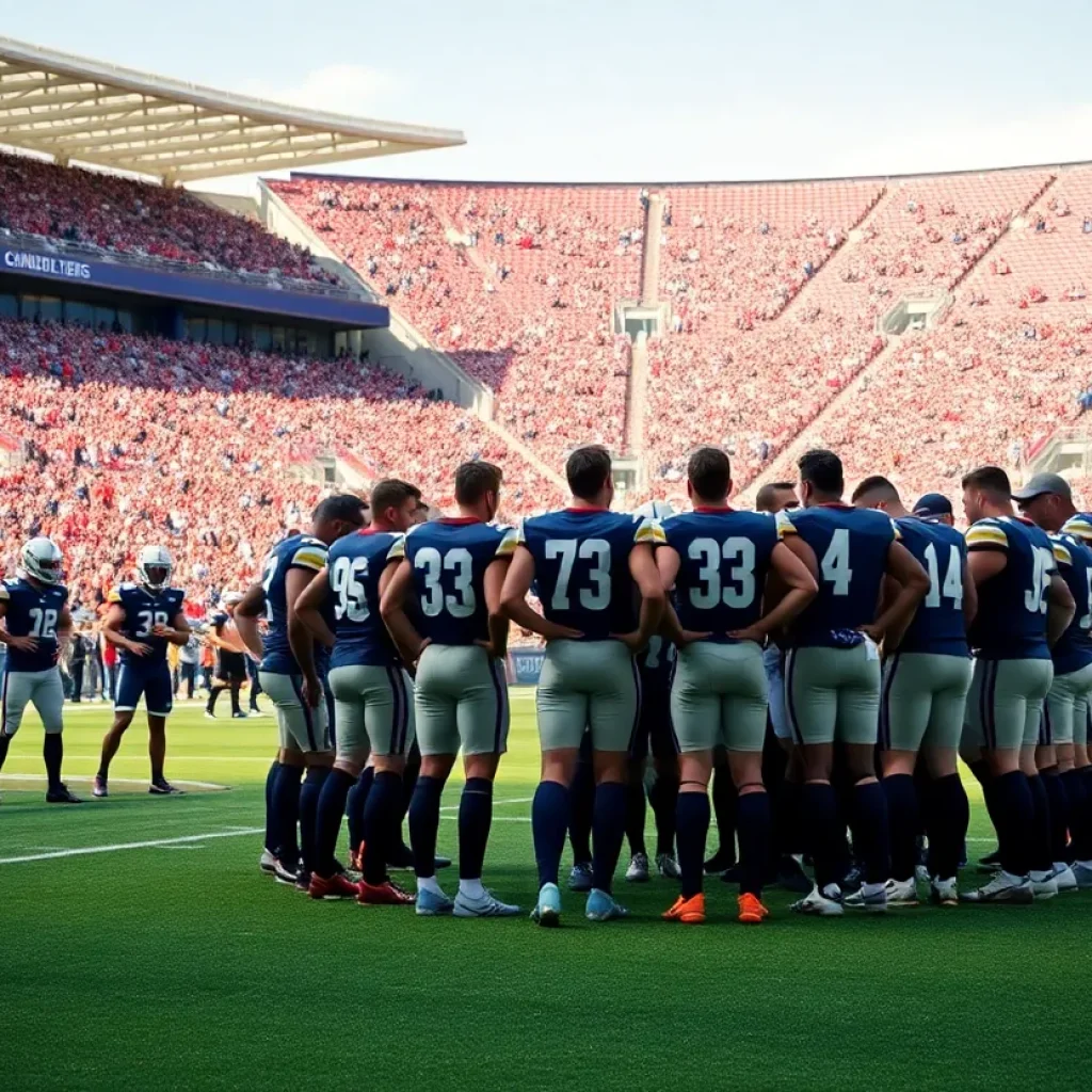 Hancock College football team huddling before a game