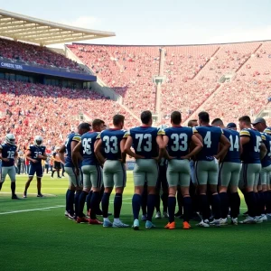 Hancock College football team huddling before a game