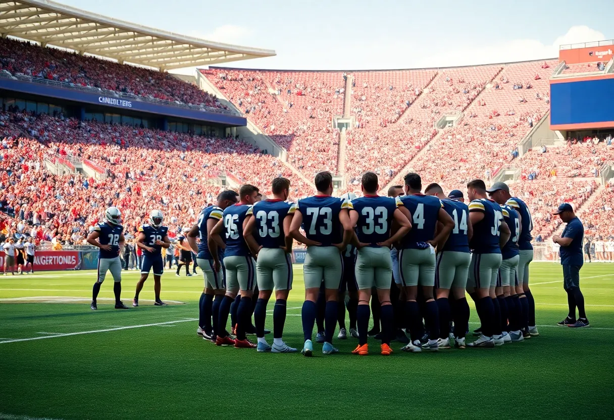 Hancock College football team huddling before a game