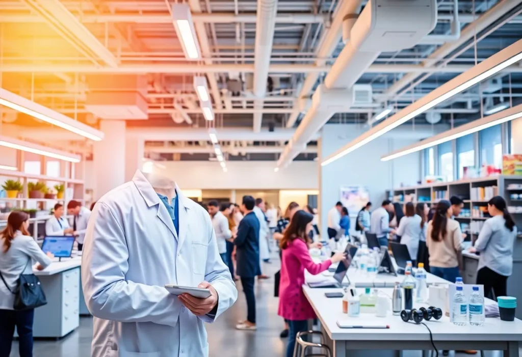 A modern healthcare innovation lab in Orange County with various technological devices and collaborative spaces.
