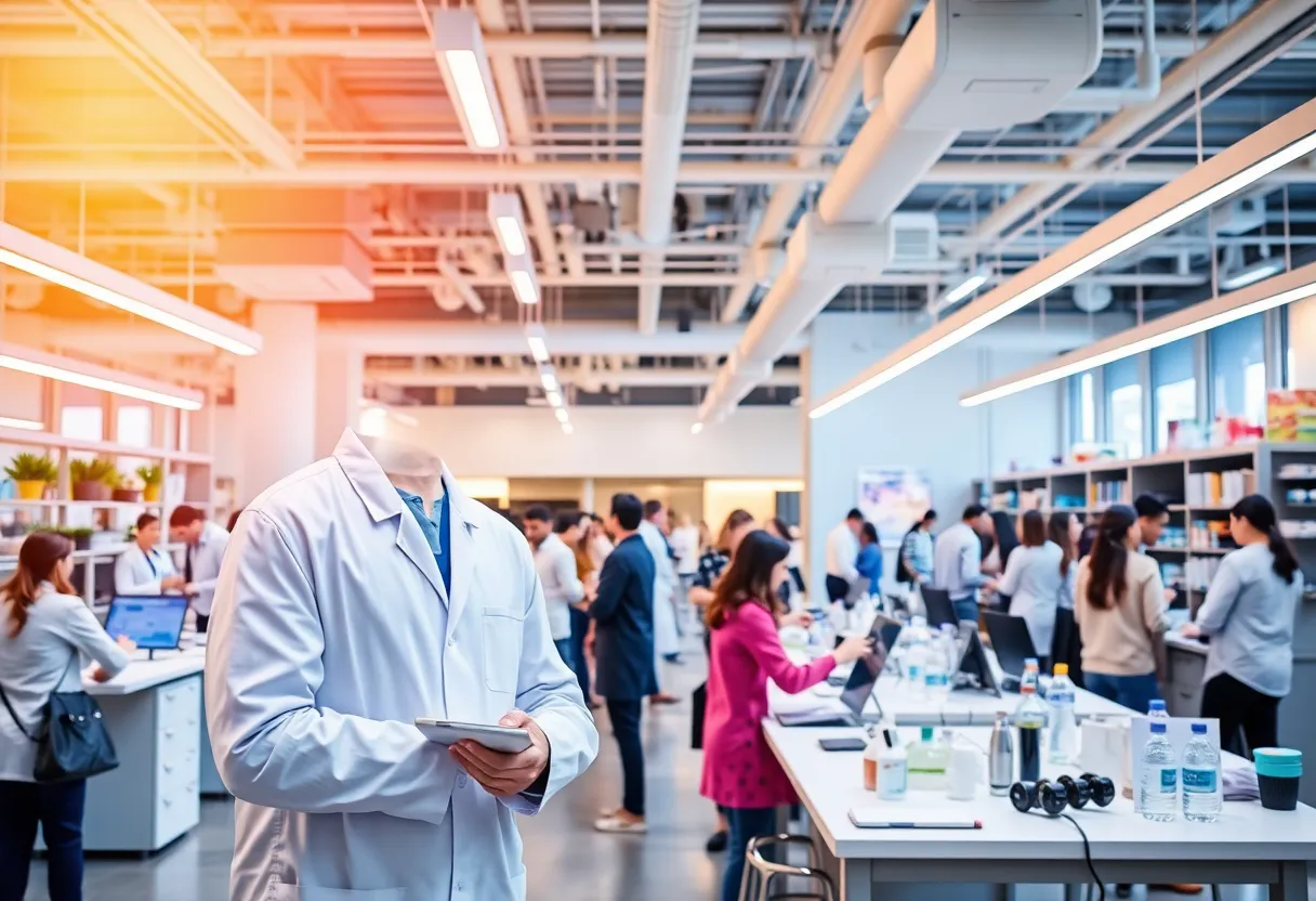 A modern healthcare innovation lab in Orange County with various technological devices and collaborative spaces.