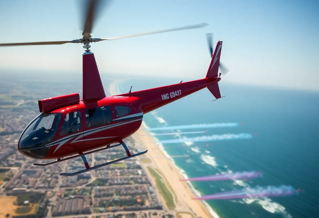 A helicopter flying over Huntington Beach during the Pacific Airshow.