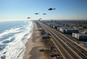 Helicopters flying over Huntington Beach during the Pacific Airshow