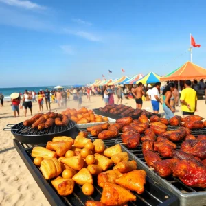 People enjoying a barbecue celebration at Bolsa Chica State Beach