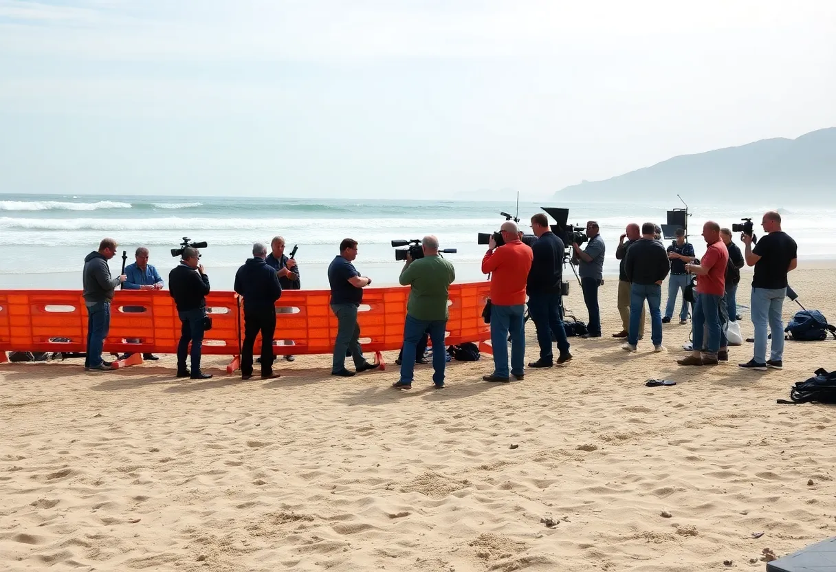 Film crew setting up for a shoot at Huntington Beach