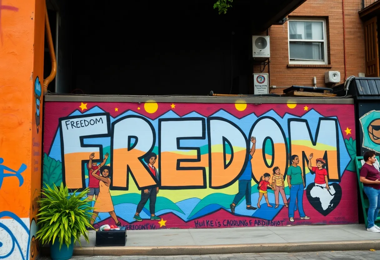 Mural depicting themes of freedom and activism in Huntington Beach