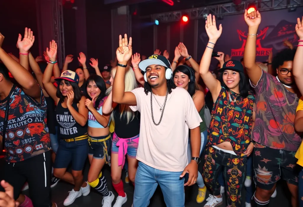 Events/What'S Happening Fans dancing at a hip-hop concert wearing retro outfits