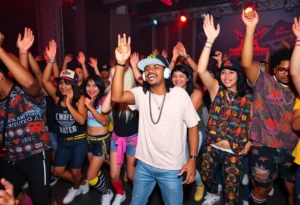 Fans dancing at a hip-hop concert wearing retro outfits