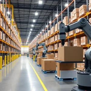 Inside view of iHerb's new fulfillment center with robots and automation technology.